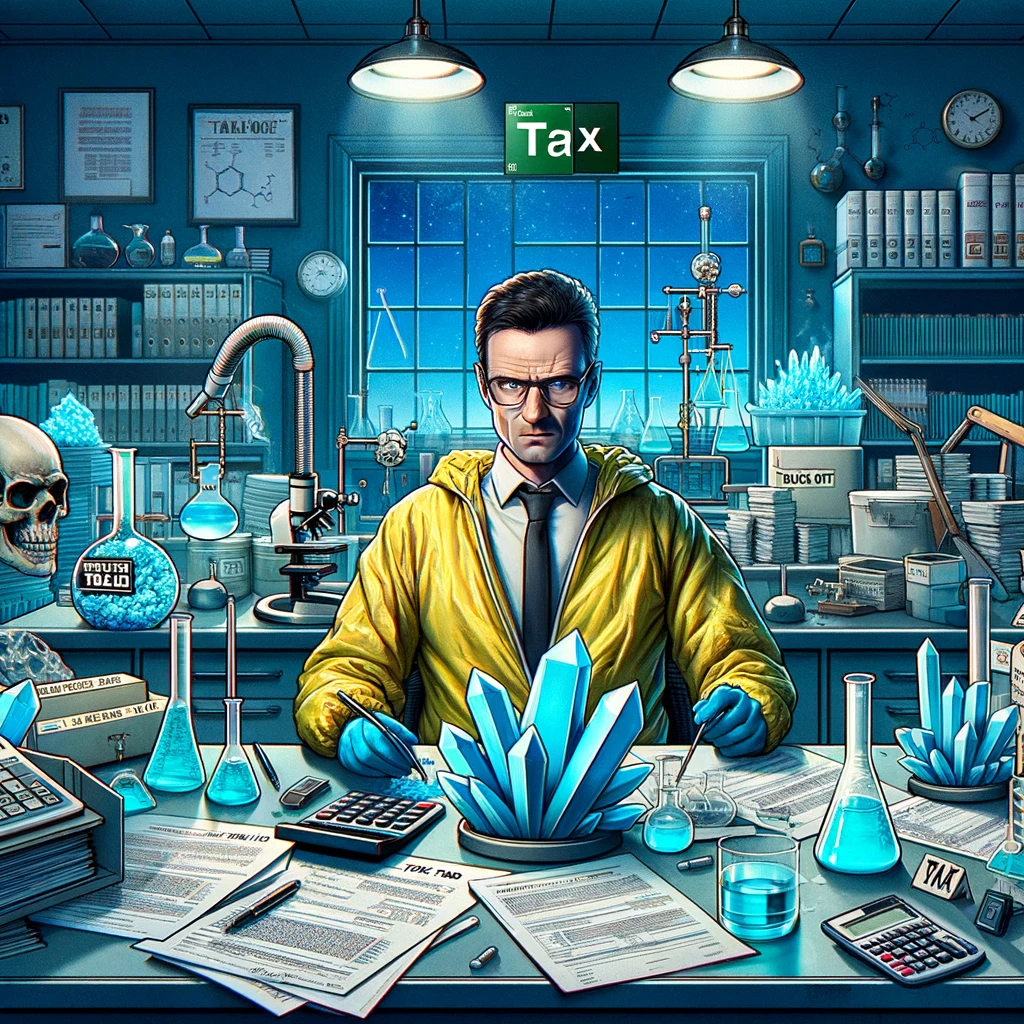 DALL·E 2024-02-21 11.10.19 – Create an illustration titled ‘Breaking Tax,’ combining themes from ‘Breaking Bad’ and the world of tax expertise. Feature a character in the style of