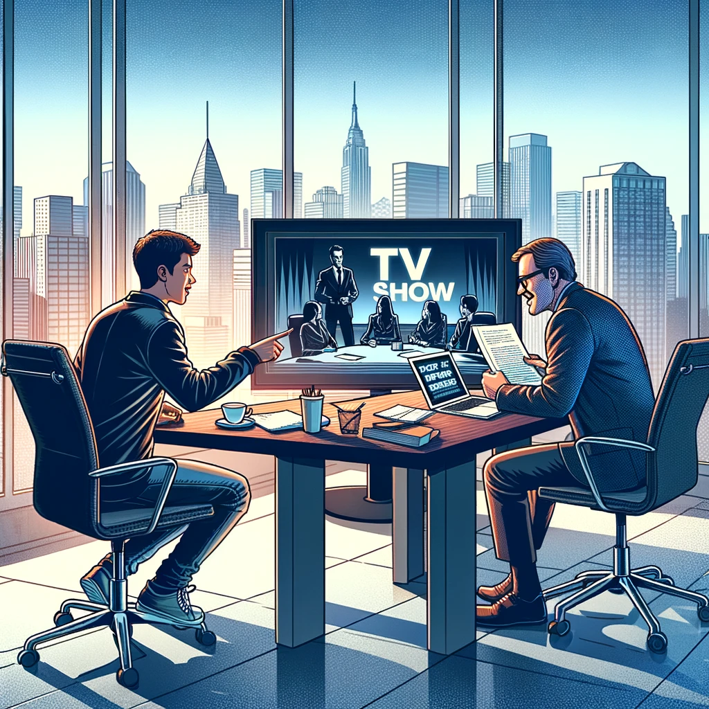 DALL·E 2024-02-21 11.53.38 – Create an illustration of a screenwriter pitching a TV show to a company executive. The setting is a modern, well-lit office with a large window overl