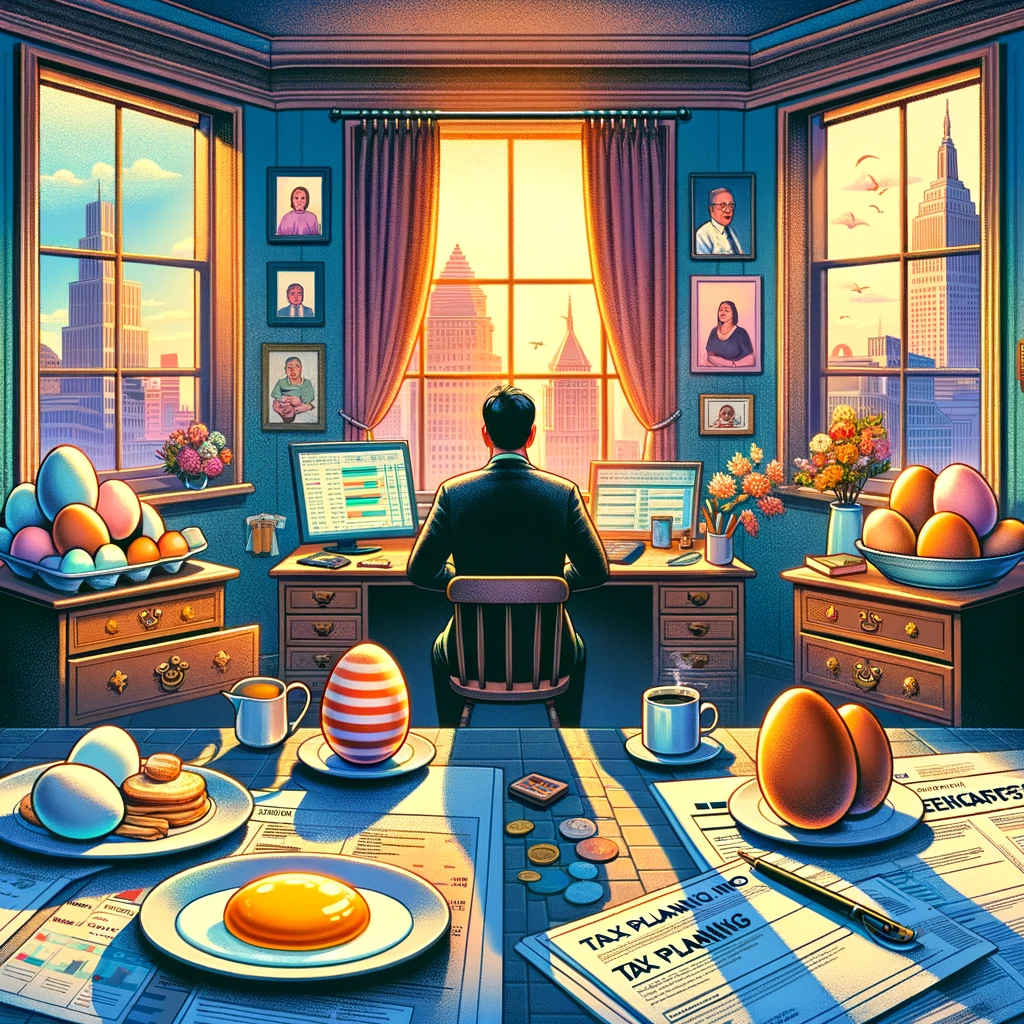 DALL·E 2024-03-18 07.46.42 - Create an illustration based on an article about tax planning with an egg theme, showcasing a traditionally styled room with an individual (back turne
