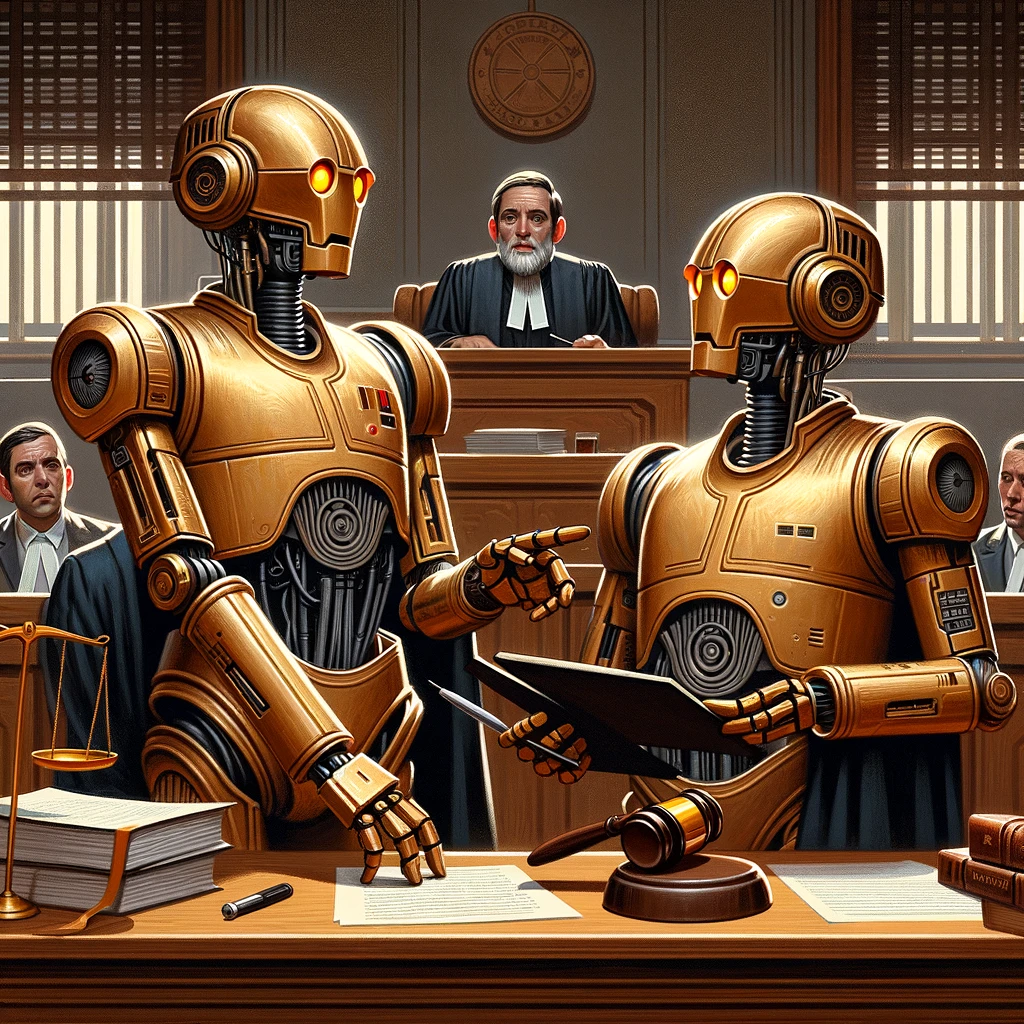 DALL·E 2024-05-22 14.06.10 - Create an image in a detailed, semi-realistic style inspired by the previously provided examples. The scene should depict two droids acting as legal c