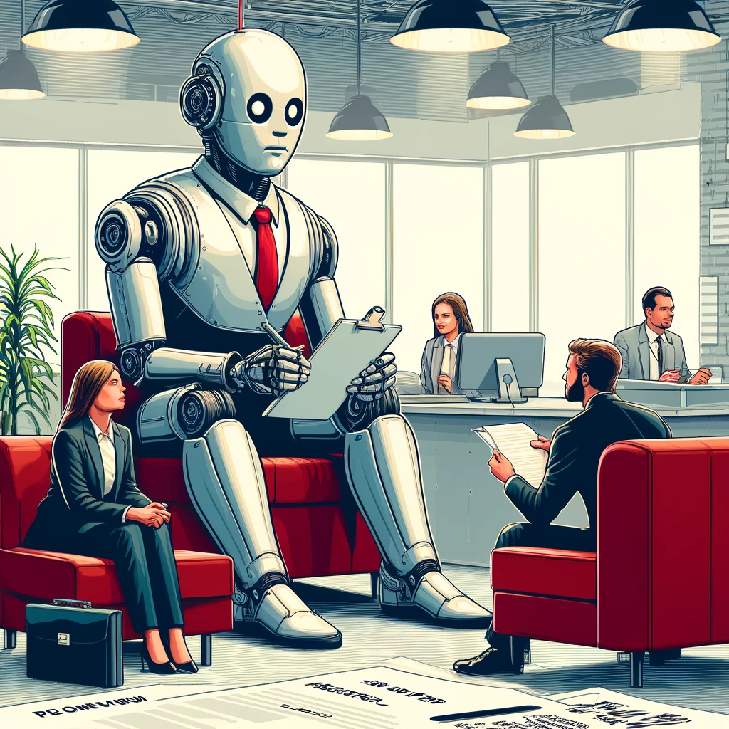 DALL·E 2024-05-22 14.28.32 - Create an image in a detailed, semi-realistic style inspired by the previously provided examples. The scene should depict a robot interviewing and mak