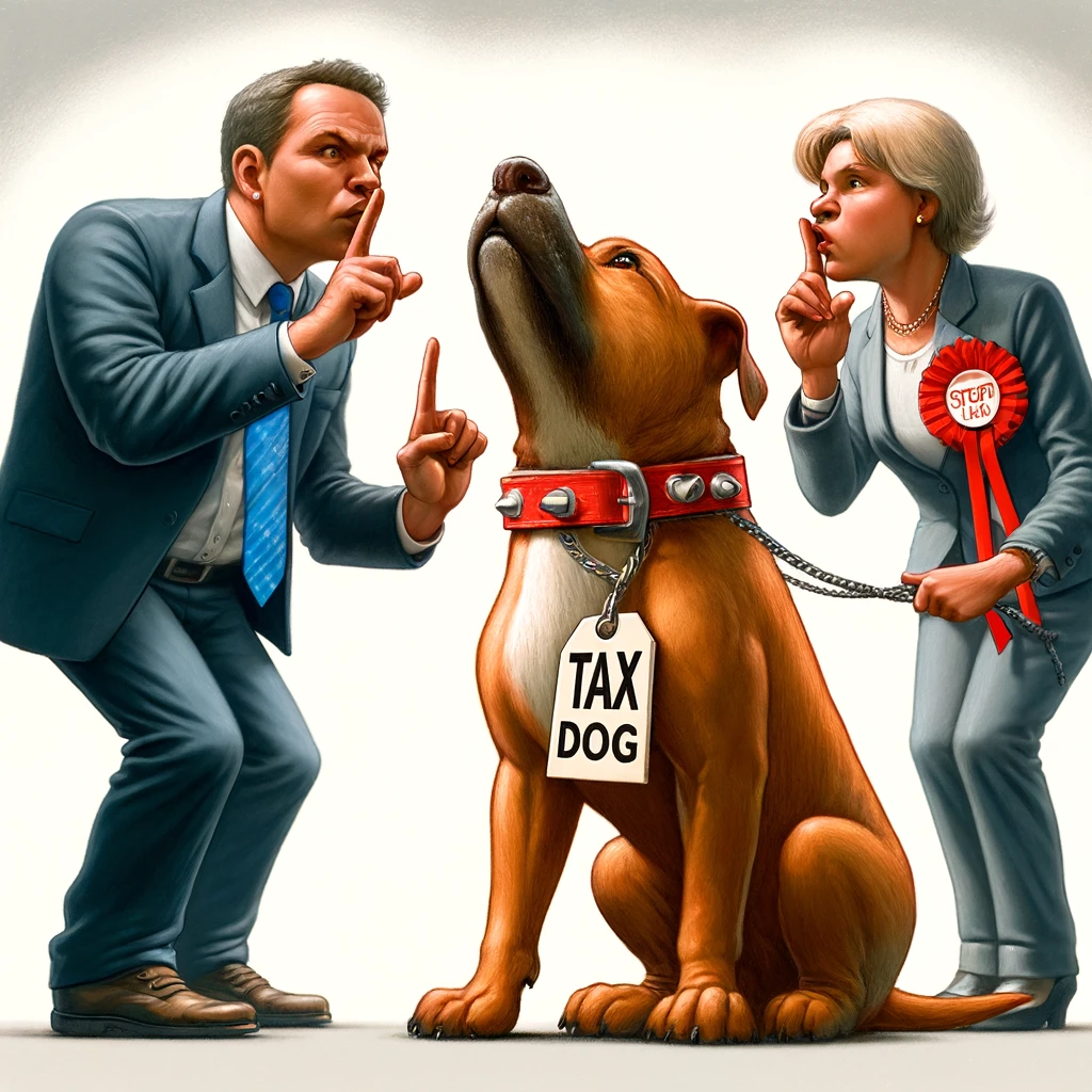 DALL·E 2024-06-01 10.54.22 - A cartoon realistic style image depicting a dog with a collar and a tag that reads 'Tax Dog'. Two politicians are trying to shut the dog up. One polit