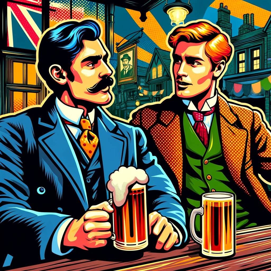 DALL·E 2024-06-05 11.07.57 - Reimagine the uploaded image in a bold pop-art style. Depict two characters in a similar setting, having a conversation in a pub. One character is hol