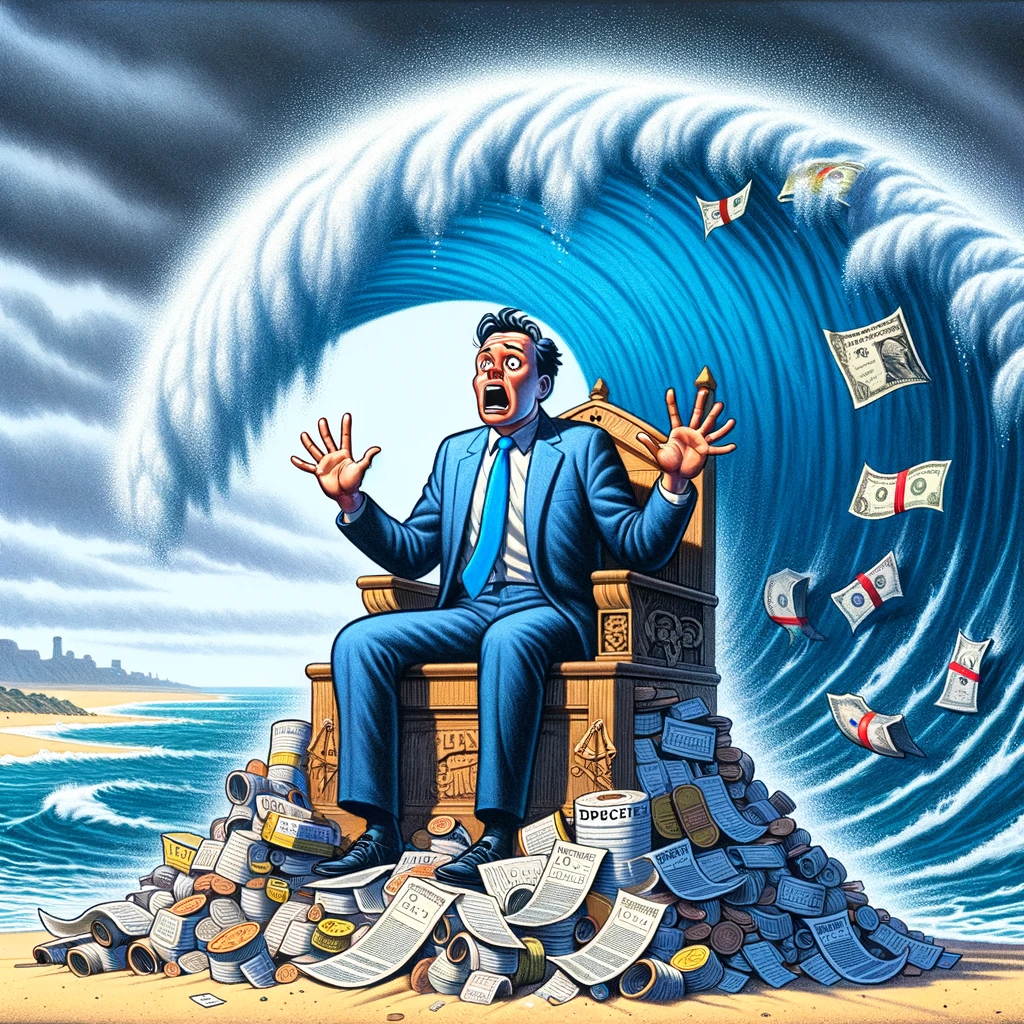 DALL·E 2024-06-11 16.31.05 - A cartoon image of a man resembling a politician wearing a blue tie, sitting on a throne on a beach. He looks terrified as a wave of debt and bills, s