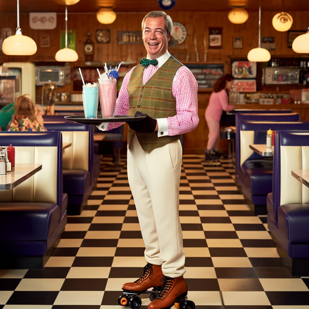 DALL·E 2024-06-11 17.53.17 - Nigel Farage, dressed in his best country gentleman outfit, working as a waiter at an old-fashioned 1950s diner. He is wearing roller skates and deliv