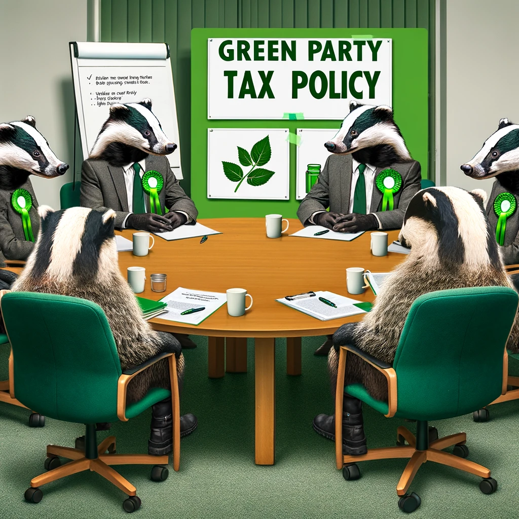 DALL·E 2024-06-12 14.07.49 - A photo-realistic cartoon of a group of badgers sitting around a business roundtable, discussing tax policy. The badgers are wearing green rosettes on
