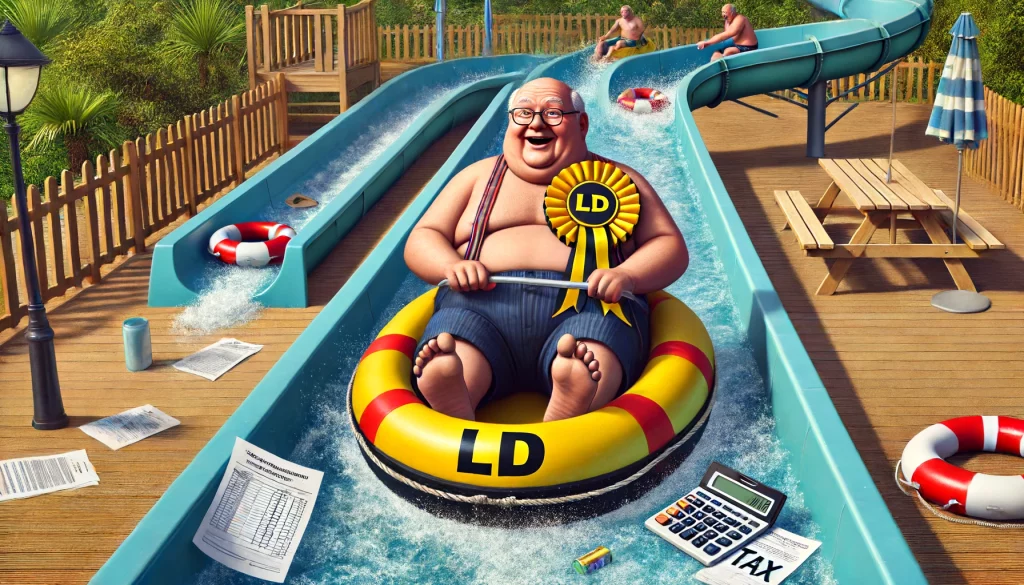 DALL·E 2024-06-13 22.19.05 - A realistic cartoon style image of an old, overweight, bald politician in a canoe or kayak, sliding down a slide in a waterpark. He has a yellow roset