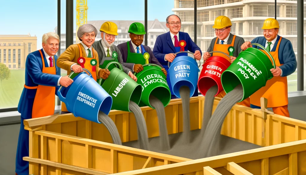 DALL·E 2024-06-14 10.23.37 - A realistic cartoon style image showing members of the Conservative, Labour, Liberal Democrats, Green Party, and Reform UK parties pouring liquid from
