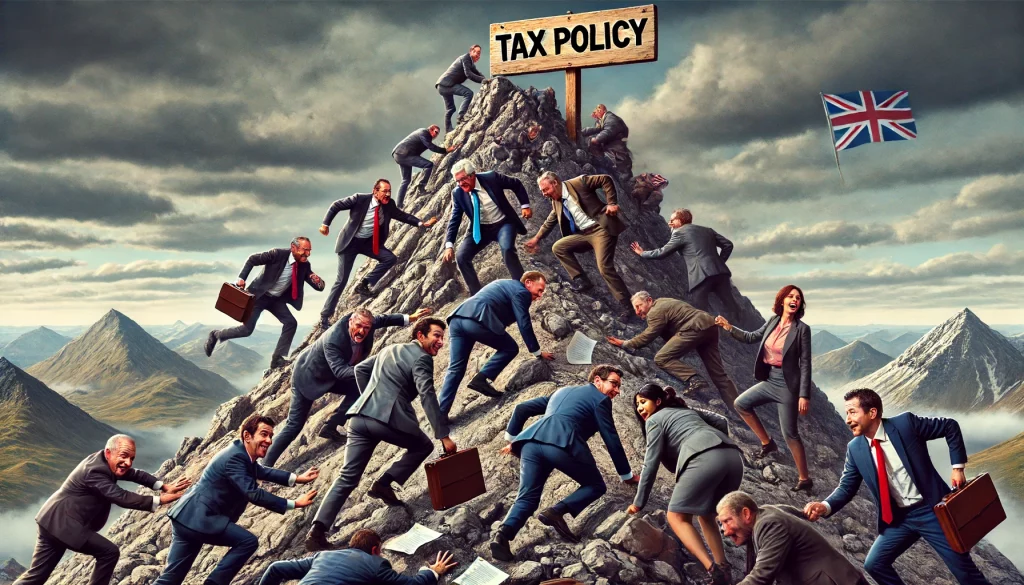 DALL·E 2024-06-14 15.11.00 - A group of politicians, each representing different UK taxes, are scrabbling up a rugged mountain. They are pushing each other out of the way in a com