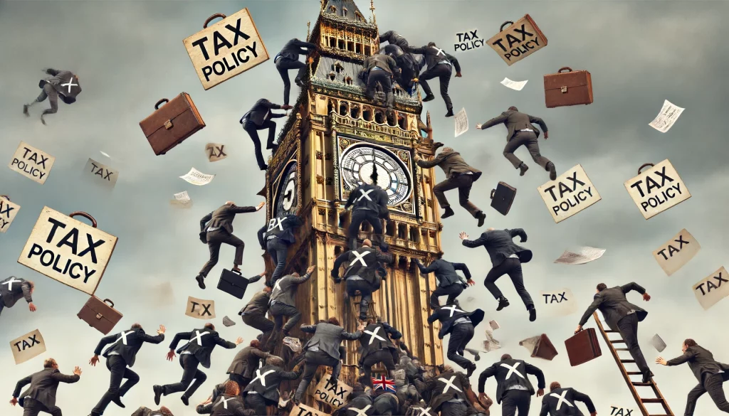 DALL·E 2024-06-15 10.26.46 - A chaotic scene of politicians representing different UK taxes scrambling up Big Ben. They are aggressively pushing each other out of the way as they