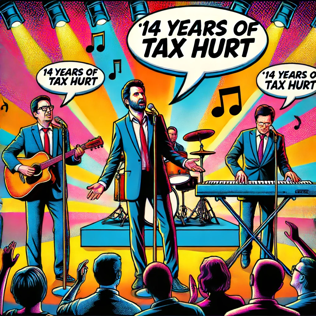 DALL·E 2024-06-18 09.15.53 - A vibrant pop art style image of David Baddiel, Frank Skinner, and Ian Broudie performing their new song '14 Years of Tax Hurt' on stage. David Baddie