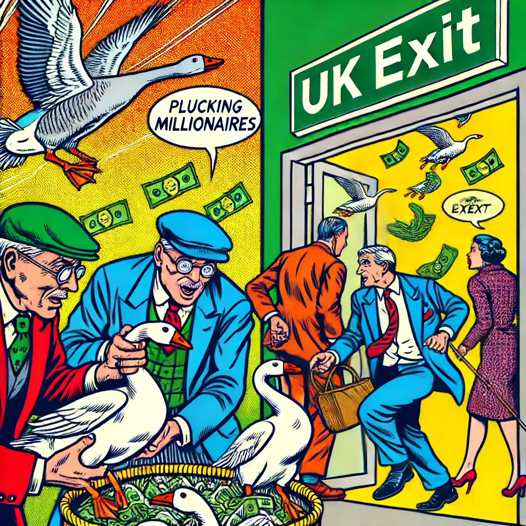 DALL·E 2024-06-18 15.10.22 - A vibrant pop art style image depicting a group of miserly people eagerly plucking geese. Behind them, a line of wealthy millionaires is seen running
