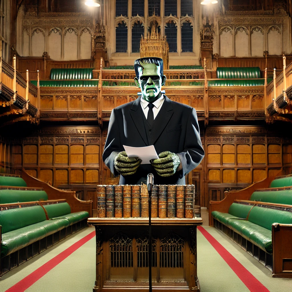 DALL·E 2024-08-19 14.49.52 - Frankenstein's monster, dressed in a formal suit and tie, standing at the podium in the UK Parliament, delivering the UK budget. The setting is the gr