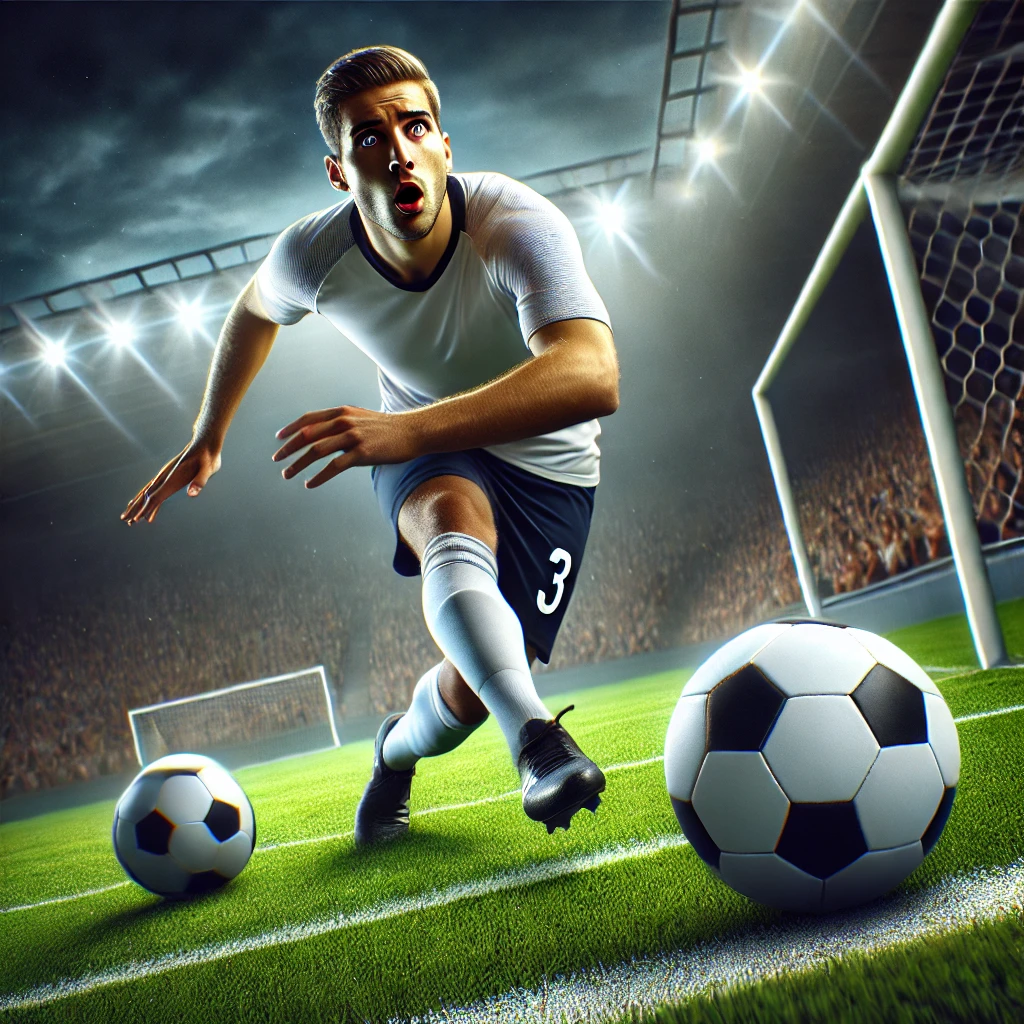 DALL·E 2024-08-29 15.48.06 - Create a dynamic image of a footballer running in to take a penalty. Just as he is about to kick the ball, he realizes there are two footballs on the