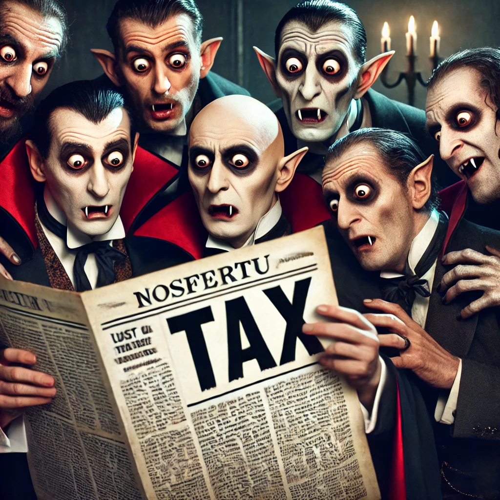 DALL·E 2024-10-19 10.31.08 - A fun and quirky illustration of a group of Nosferatu-style vampires gathered together, reading a newspaper with just the word 'TAX' written boldly on